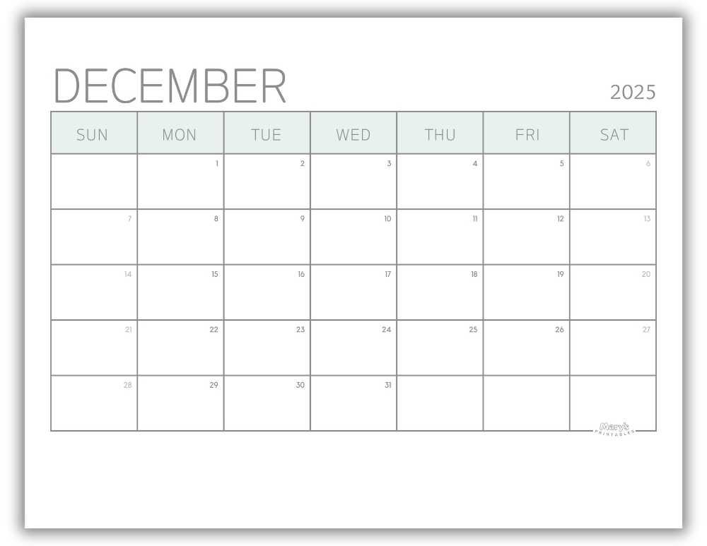 Printable Monthly Calendar for December 2025 Green Minimalist Free Template