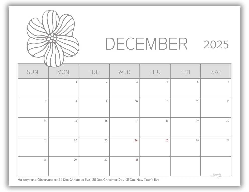 Printable Monthly Calendar for December 2025 Black and White Floral with US Holidays