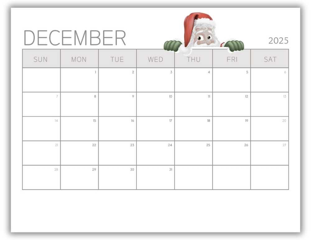 Printable Monthly Calendar for December 2025 with Cute Santa Free Template