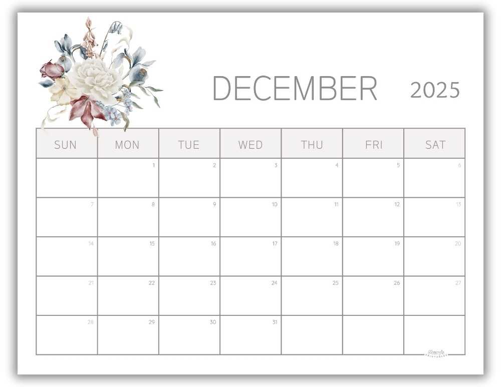 Printable Monthly Calendar for December 2025 Watercolor Floral Free Template
