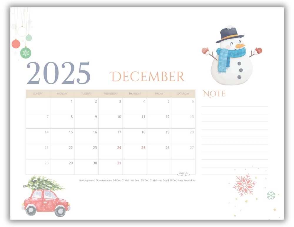 Printable Monthly Calendar for December 2025 Classic Christmas-Themed with US Holidays
