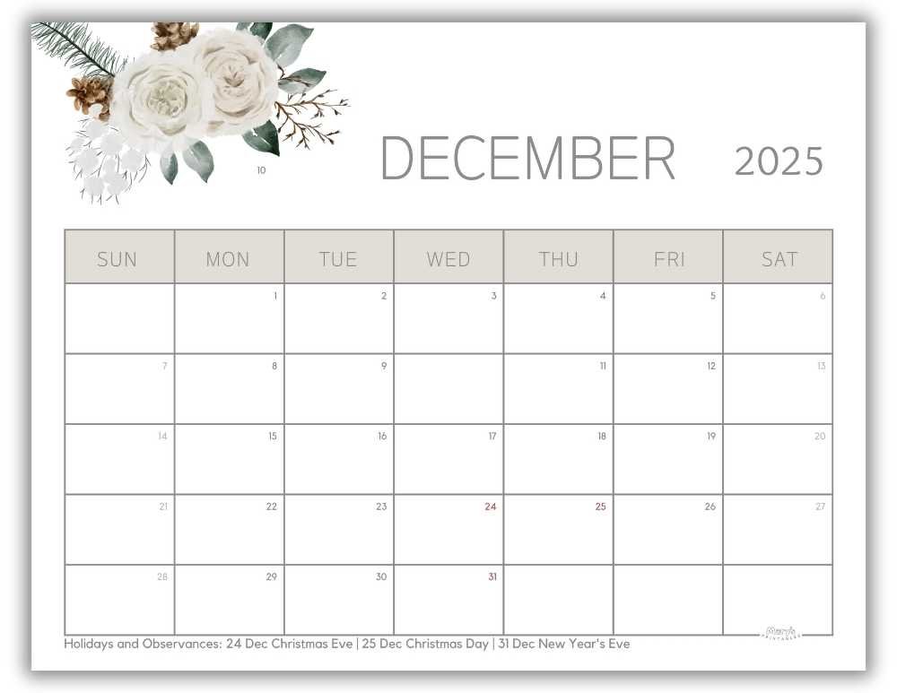 Printable Monthly Calendar for December 2025 Lovely Floral with US Holidays