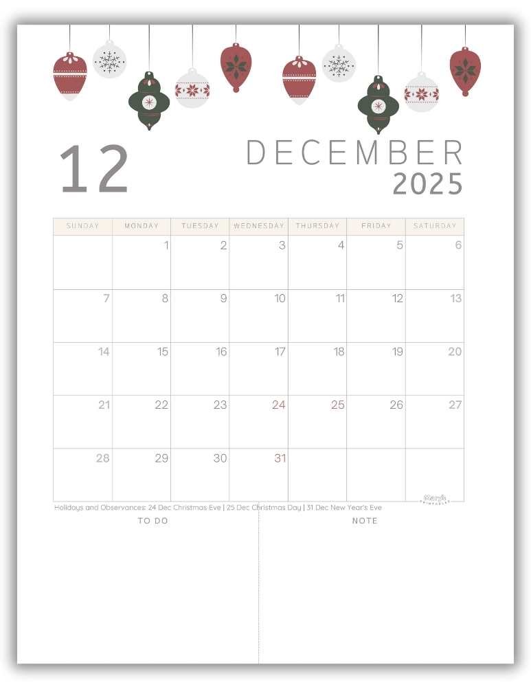 Printable Monthly Calendar for December 2025 with Cute Ornaments with US Holidays