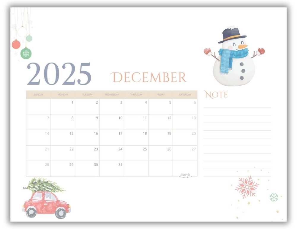 Printable Monthly Calendar for December 2025 Classic Christmas-Themed Free Template