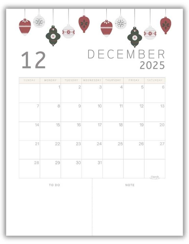 Printable Monthly Calendar for December 2025 with Cute Ornaments Free Template