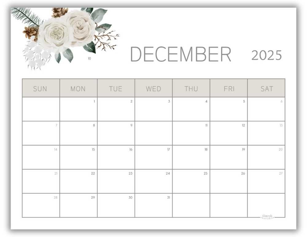 Printable Monthly Calendar for December 2025 Lovely Floral Free Template