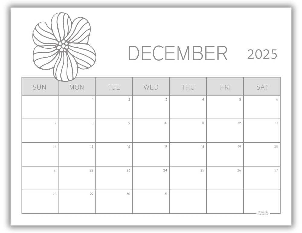 Printable Monthly Calendar for December 2025 Black and White Floral Free Template