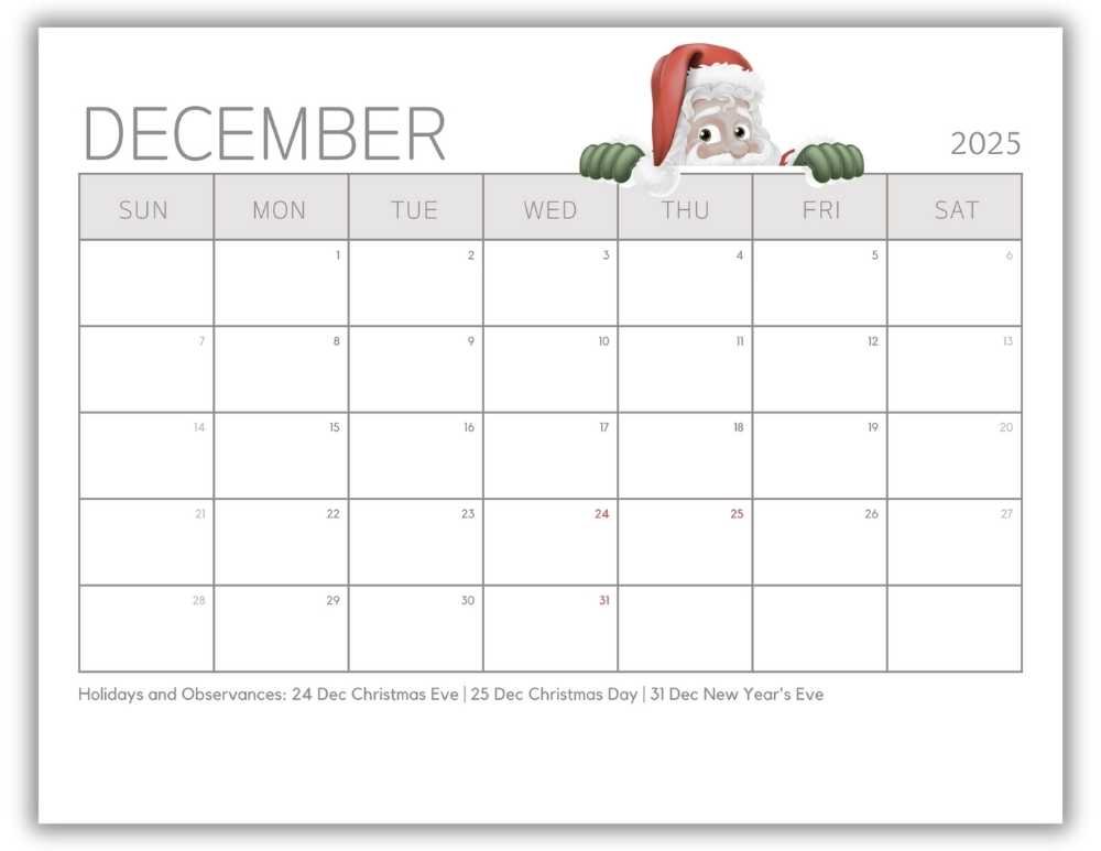 Printable Monthly Calendar for December 2025 with Cute Santa with US Holidays