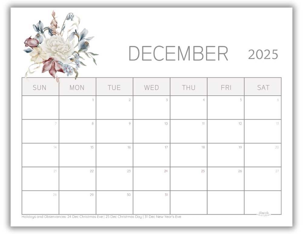 Printable Monthly Calendar for December 2025 Watercolor Floral with US Holidays