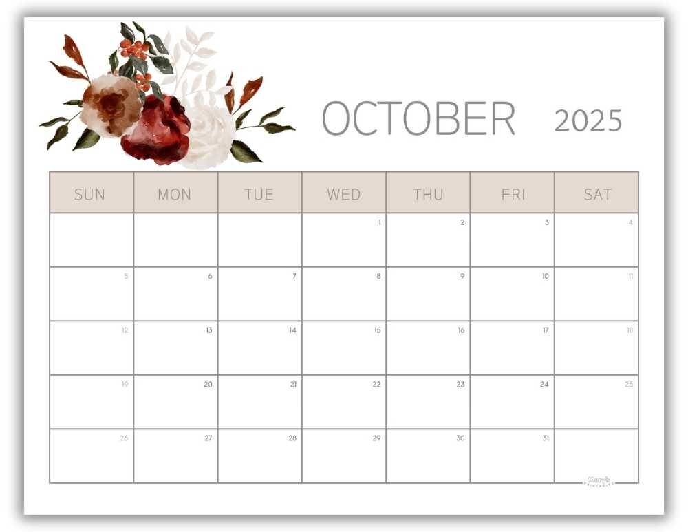 Printable Monthly Calendar for October 2025 Lovely Floral Free Template