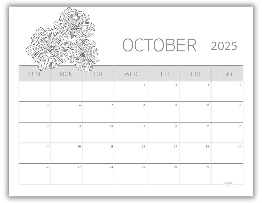 Printable Monthly Calendar for October 2025 Black and White Floral Free Template