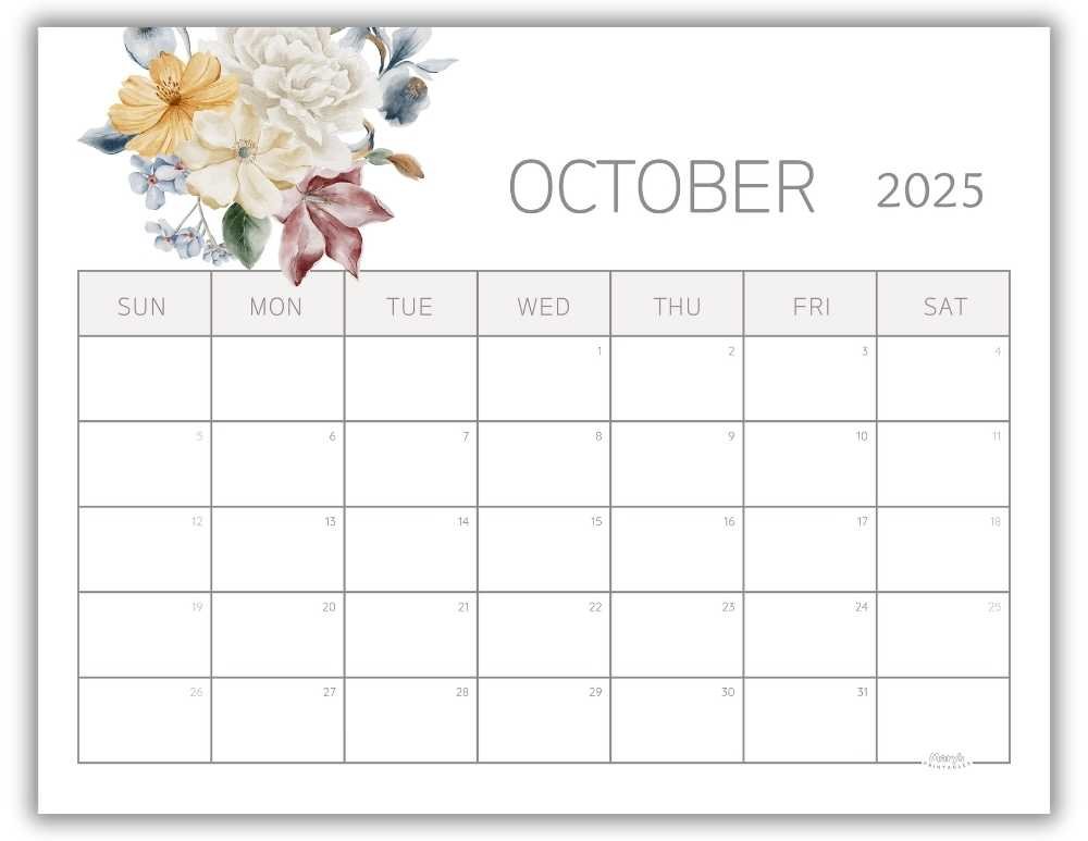 Printable Monthly Calendar for October 2025 Watercolor Floral Free Template