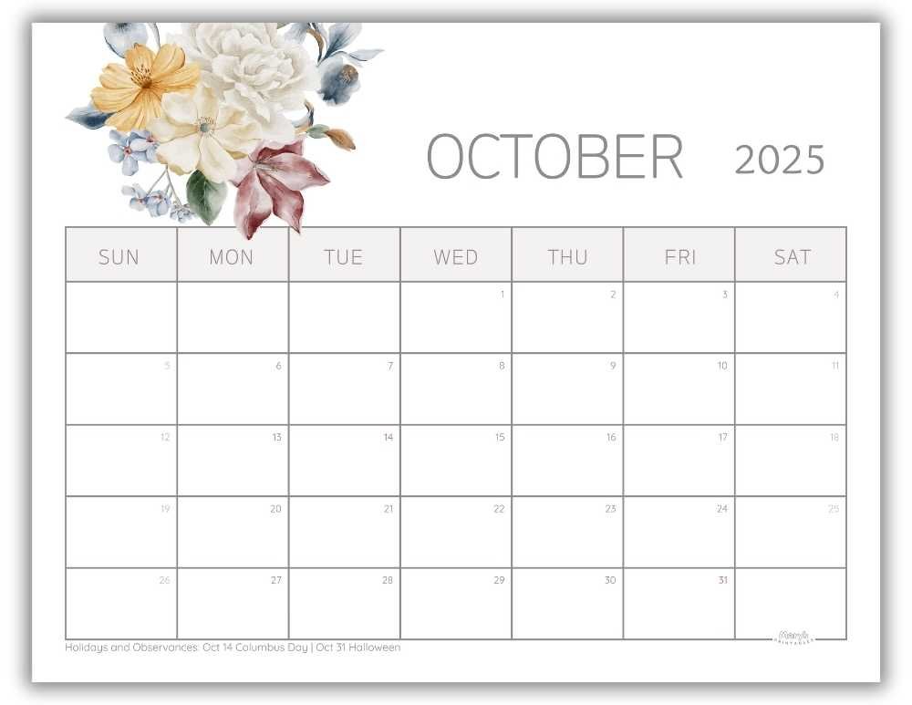 Printable Monthly Calendar for October 2025 Watercolor Floral with US Holidays