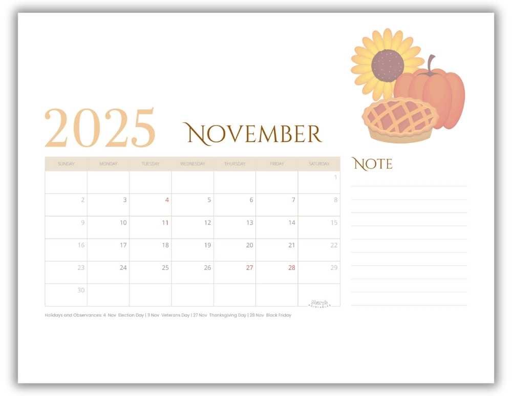 Printable Monthly Calendar for November 2025 Classic Autumn-Themed with US Holidays