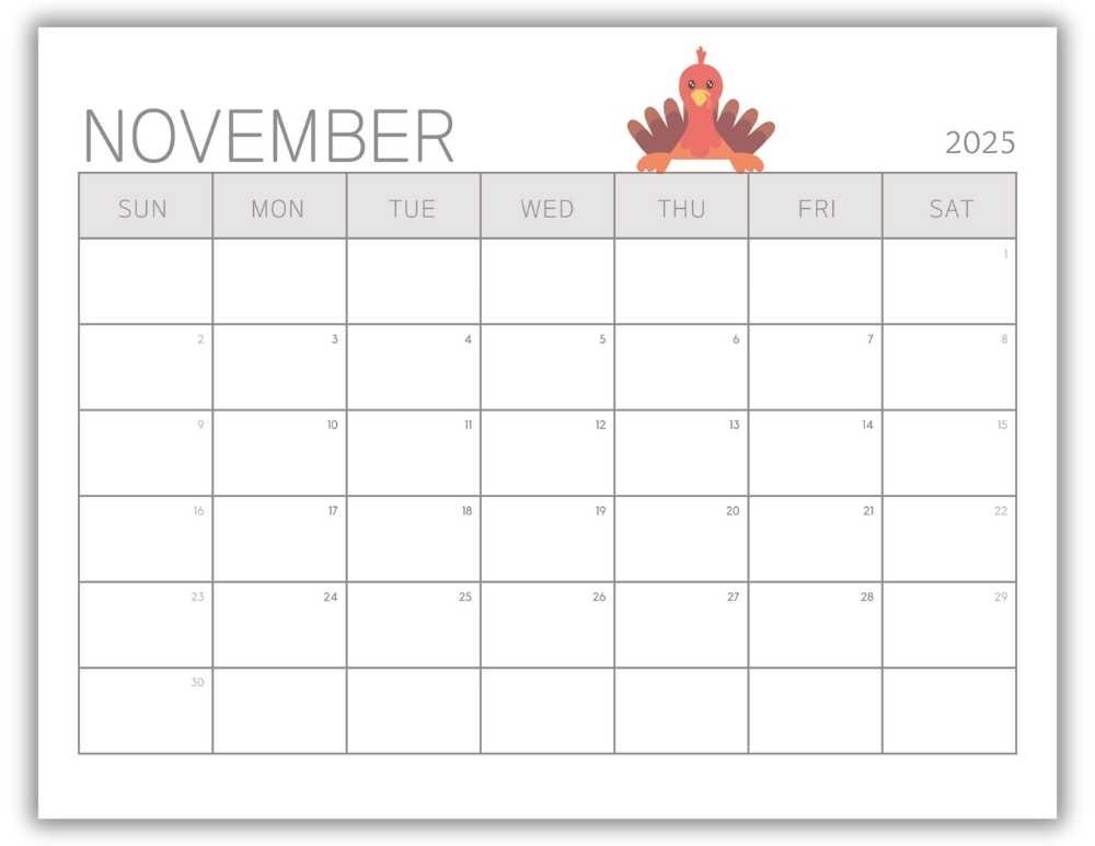 Printable Monthly Calendar for November 2025 with Cute Turkey Free Template