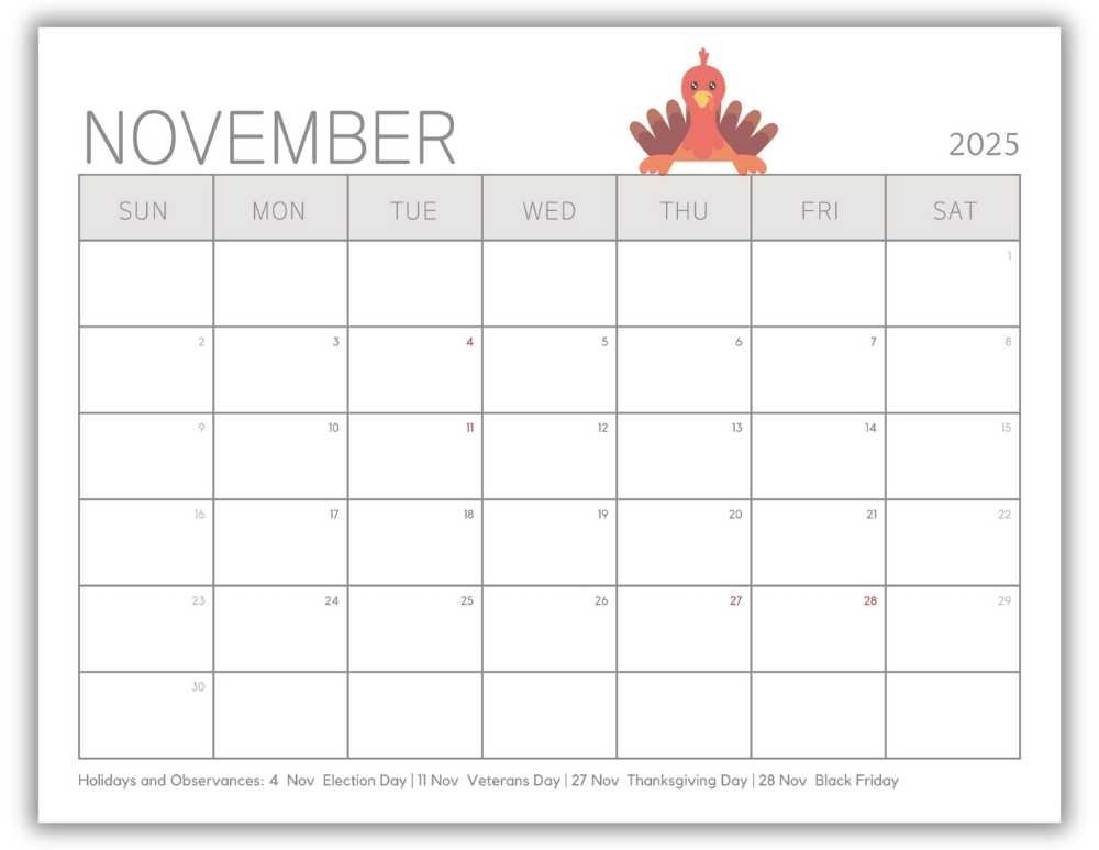 Printable Monthly Calendar for November 2025 with Cute Turkey with US Holidays