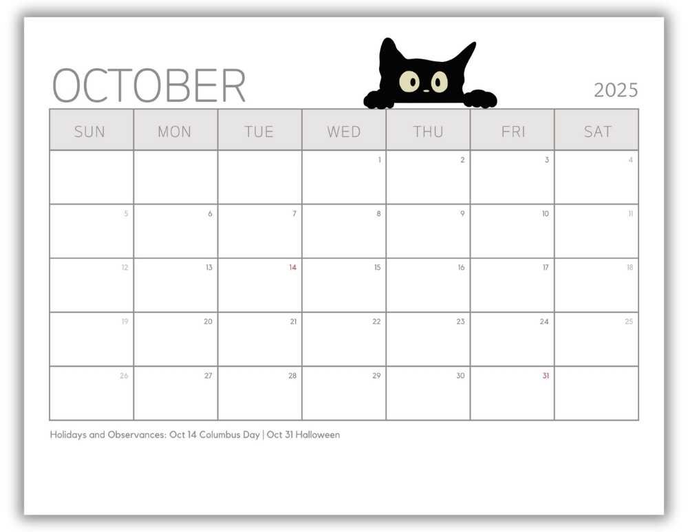 Printable Monthly Calendar for October 2025 Minimalist Halloween-Themed with US Holidays