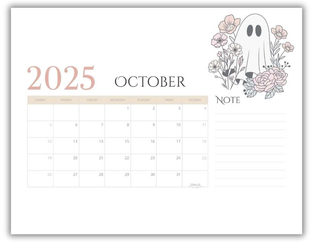 Printable Monthly Calendar for October 2025 Cute Halloween-Themed Free Template
