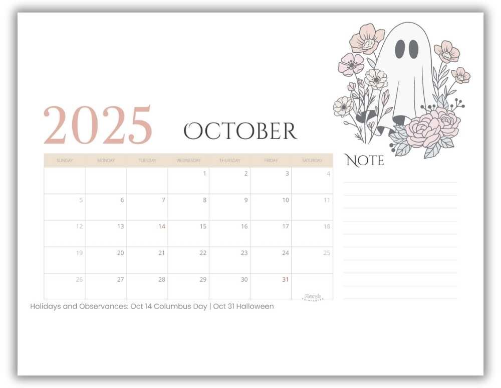 Printable Monthly Calendar for October 2025 Cute Halloween-Themed with US Holidays