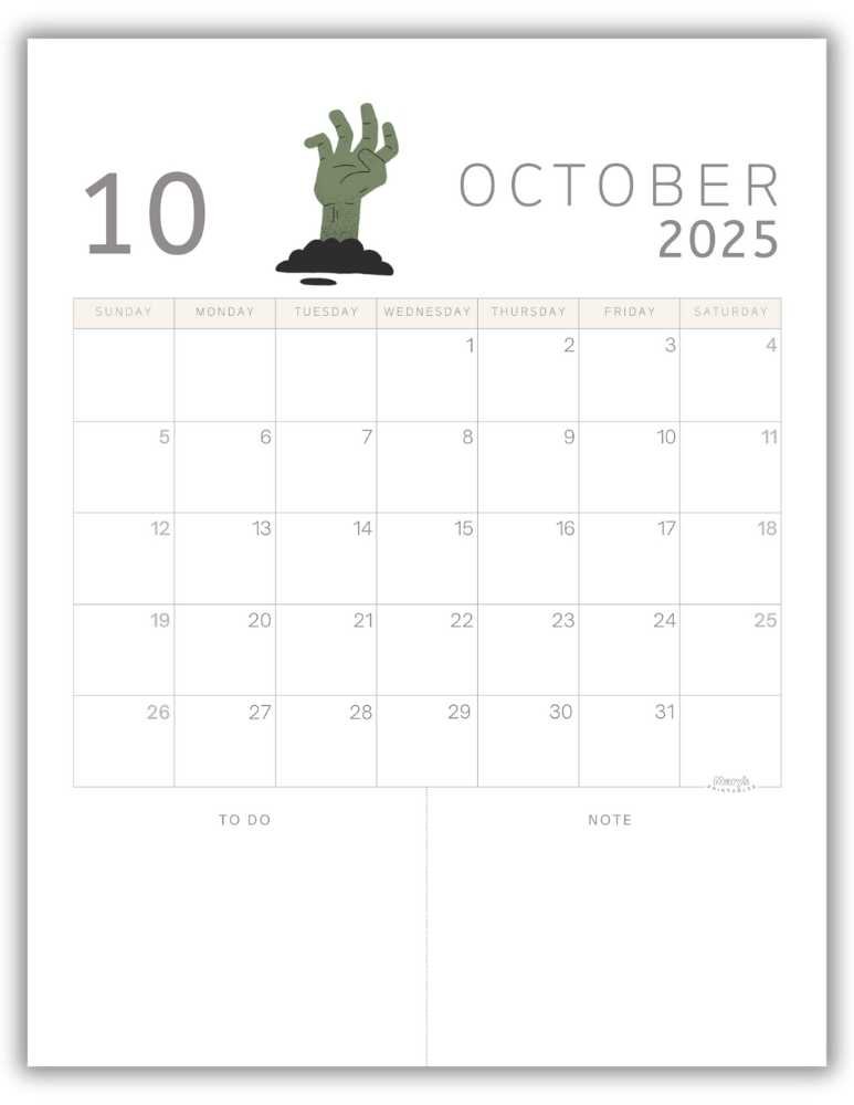 Printable Monthly Calendar for October 2025 Funny Halloween-Themed Free Template