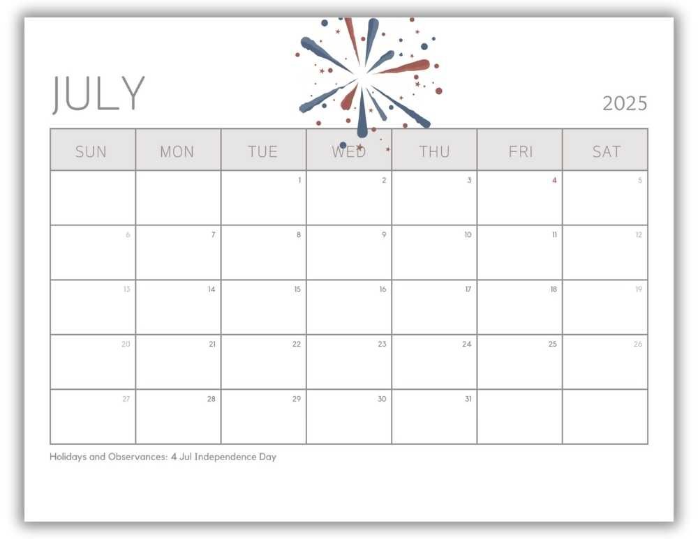 Printable Monthly Calendar for July 2025 Minimalist Independence Day-Themed with US Holidays