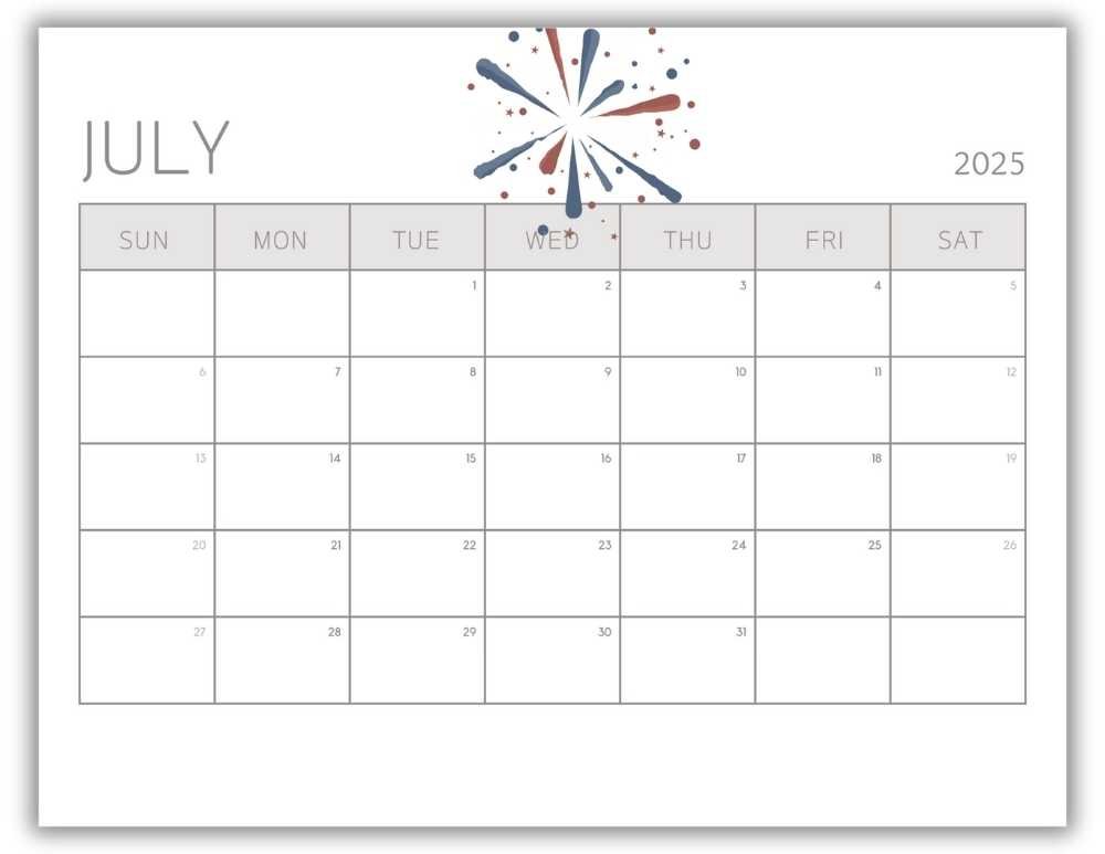 Printable Monthly Calendar for July 2025 Minimalist Independence Day-Themed Free Template