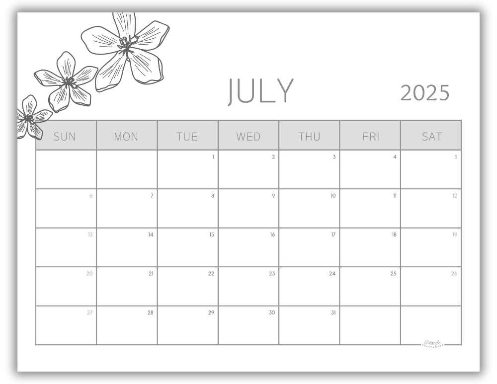 Printable Monthly Calendar for July 2025 Black and White Floral Free Template
