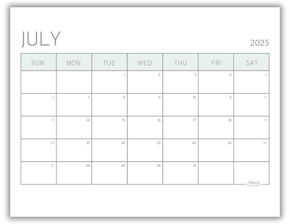 Printable Monthly Calendar for July 2025 Green Minimalist Free Template