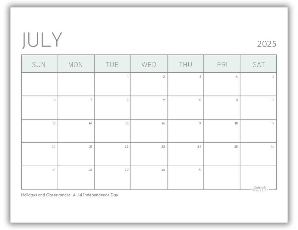 Printable Monthly Calendar for July 2025 Green Minimalist with US Holidays
