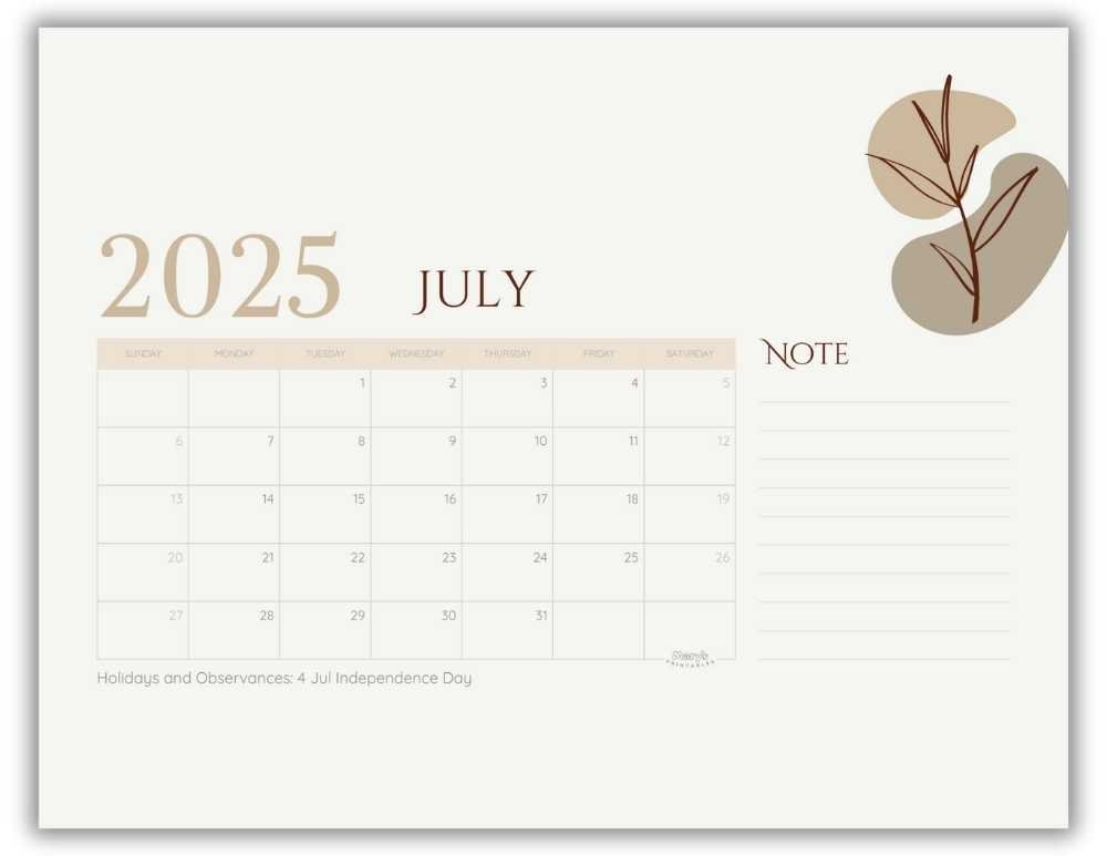 Printable Monthly Calendar for July 2025 Neutral Minimalist with US Holidays