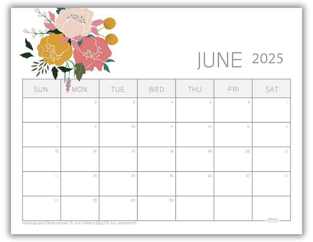 Printable Monthly Calendar for June 2025 Lovely Floral with US Holidays