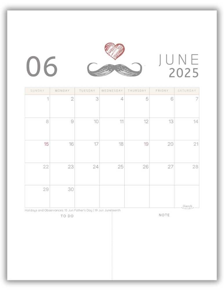 Printable Monthly Calendar for June 2025 Cute Father's Day-Themed with US Holidays
