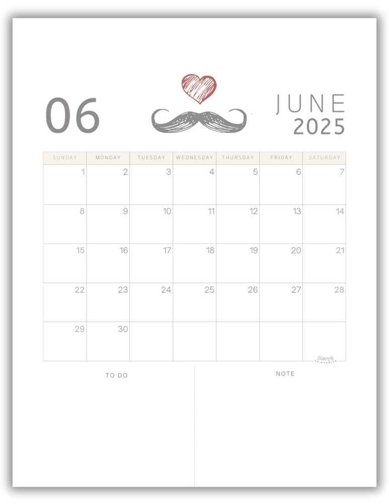 Printable Monthly Calendar for June 2025 Cute Father's Day-Themed Free Template