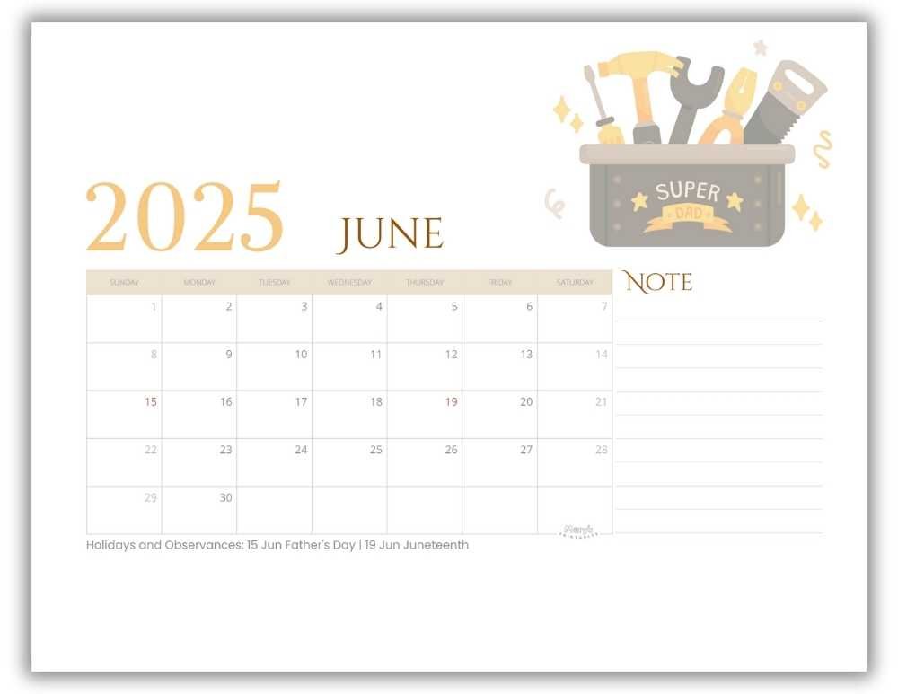 Printable Monthly Calendar for June 2025 Classic Super Dad-Themed with US Holidays