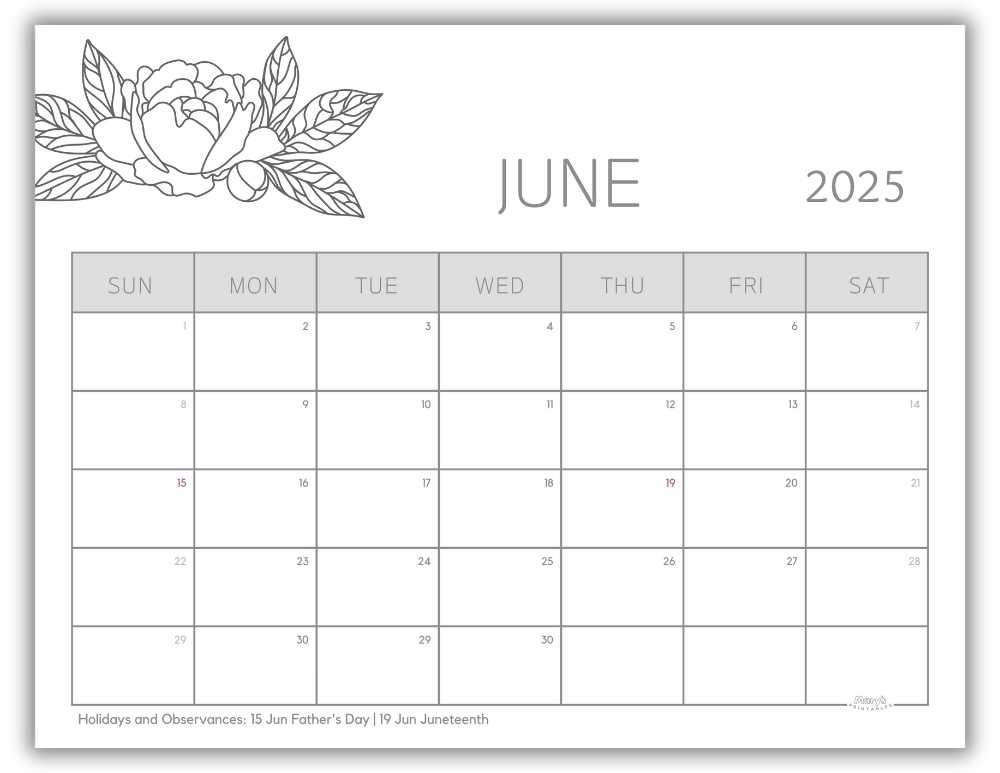 Printable Monthly Calendar for June 2025 Black and White Floral with US Holidays