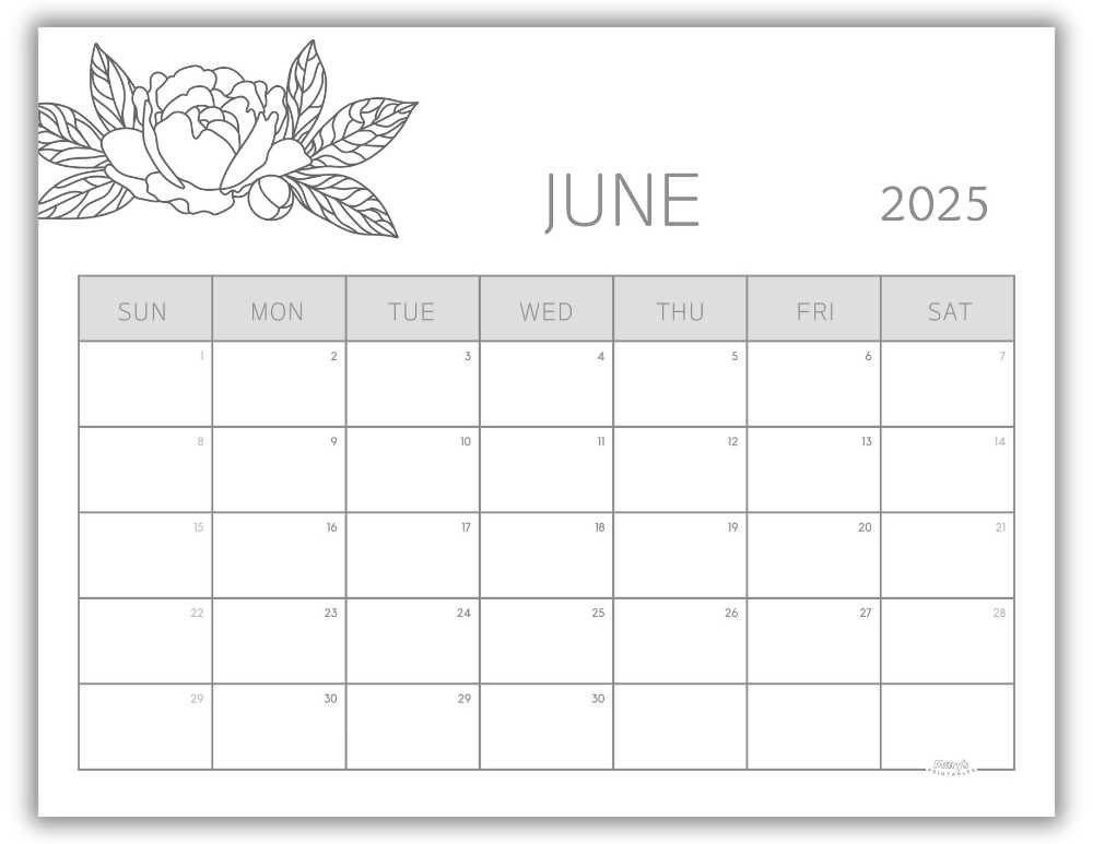 Printable Monthly Calendar for June 2025 Black and White Floral Free Template