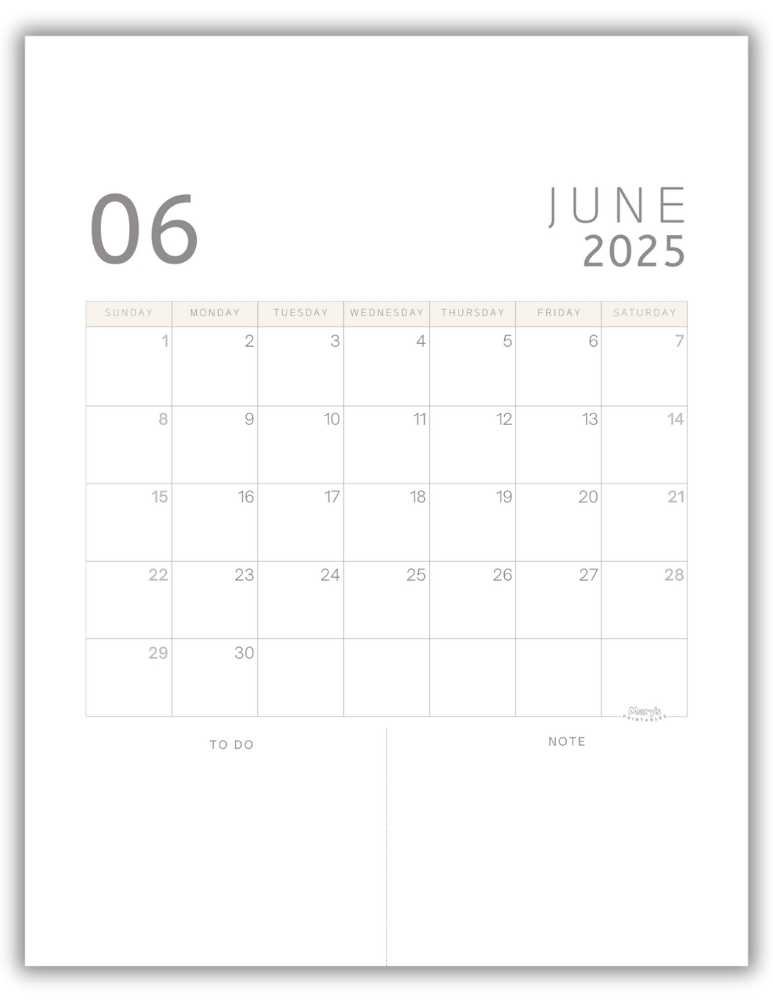 Printable Monthly Calendar for June 2025 Classic Minimalist Free Template