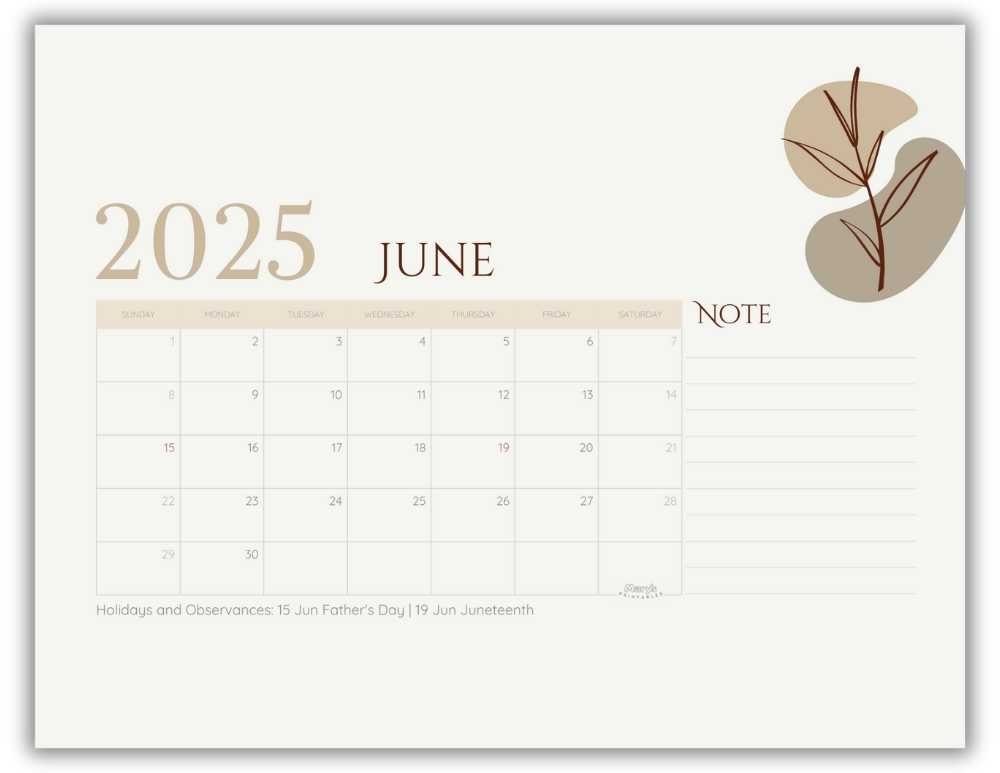 Printable Monthly Calendar for June 2025 Neutral Minimalist with US Holidays