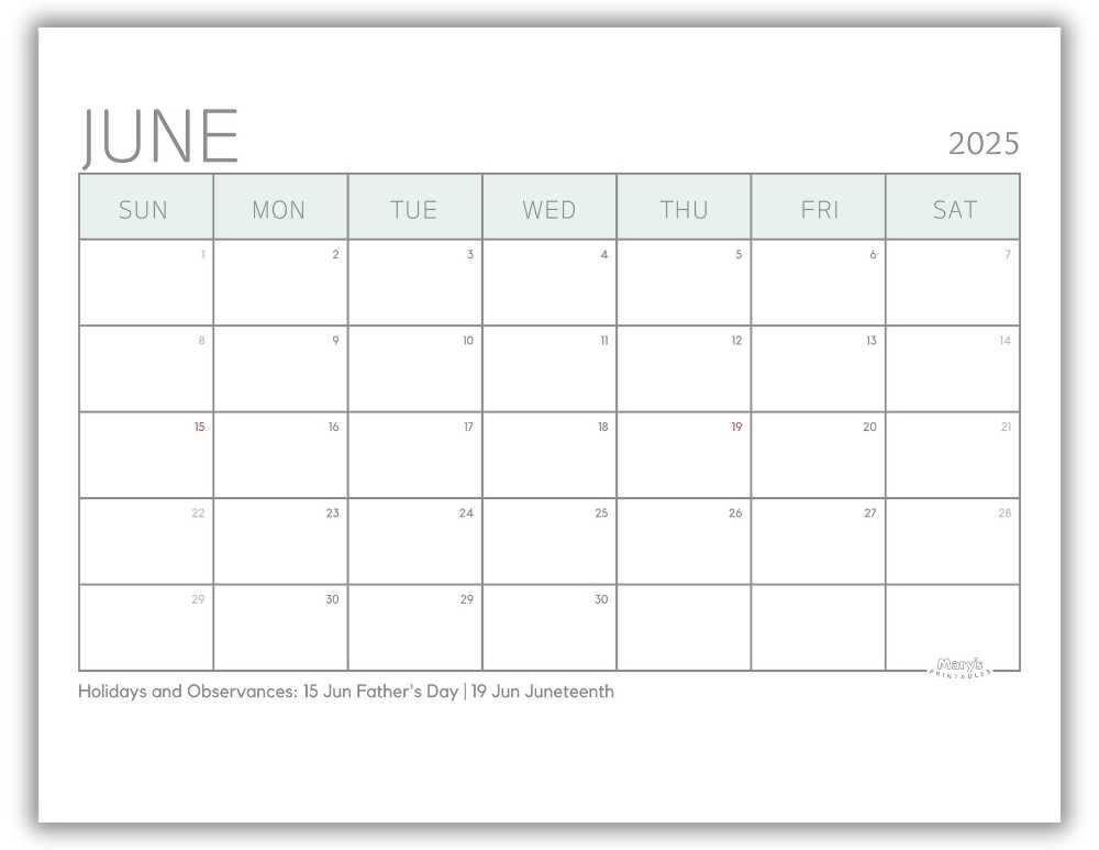 Printable Monthly Calendar for June 2025 Green Minimalist with US Holidays