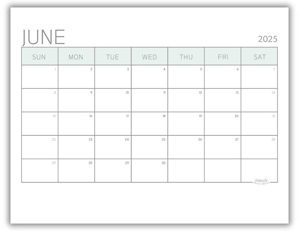 Printable Monthly Calendar for June 2025 Green Minimalist Free Template