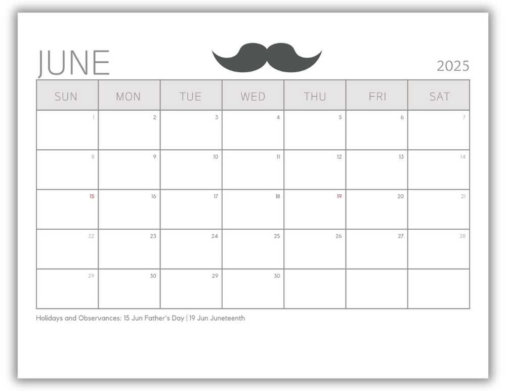 Printable Monthly Calendar for June 2025 Minimalist Father's Day-Themed with US Holidays