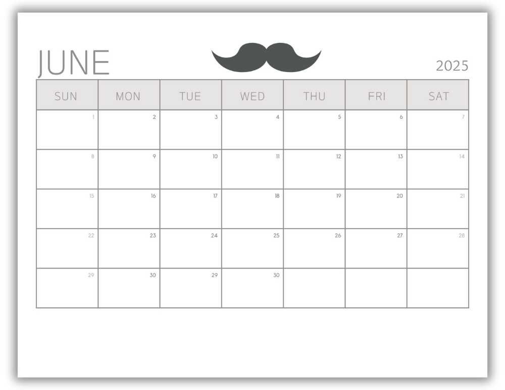 Printable Monthly Calendar for June 2025 Minimalist Father's Day-Themed Free Template