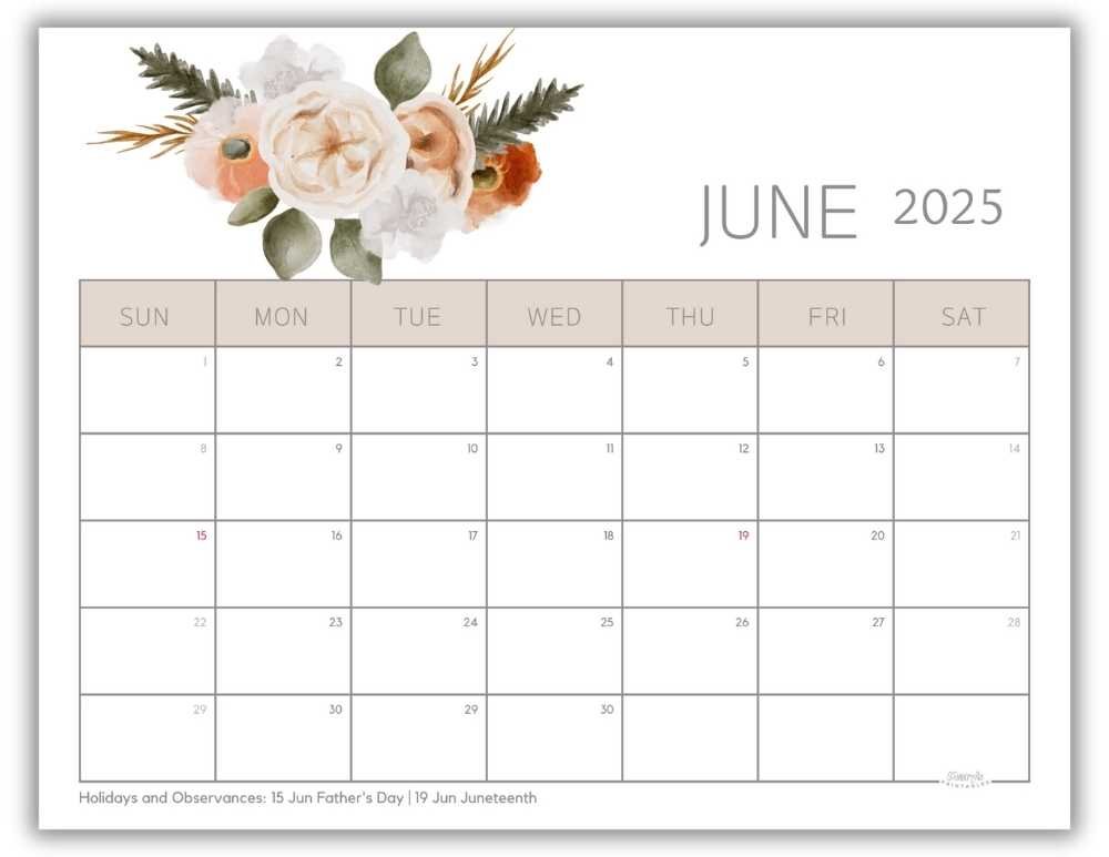 Printable Monthly Calendar for June 2025 Watercolor Floral with US Holidays