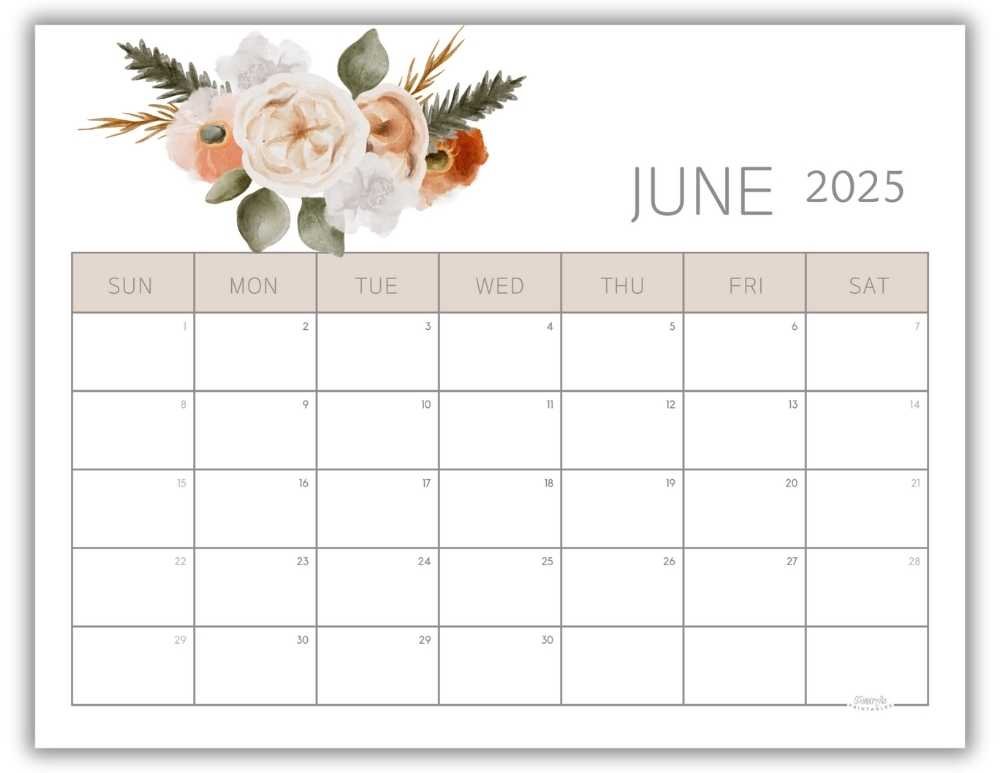 Printable Monthly Calendar for June 2025 Watercolor Floral Free Template