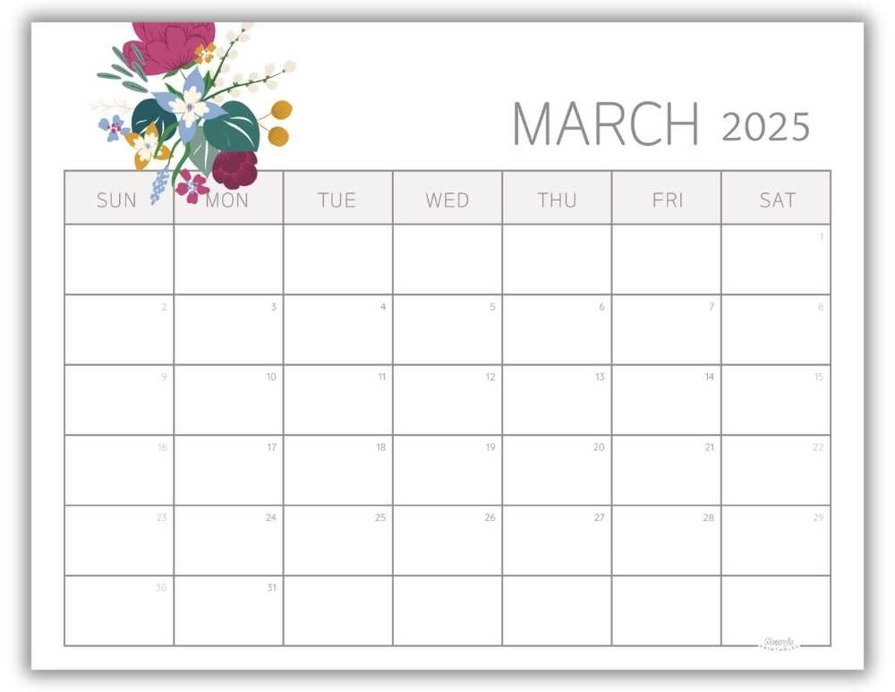Printable Monthly Calendar March 2025 Watercolor Floral Free Template