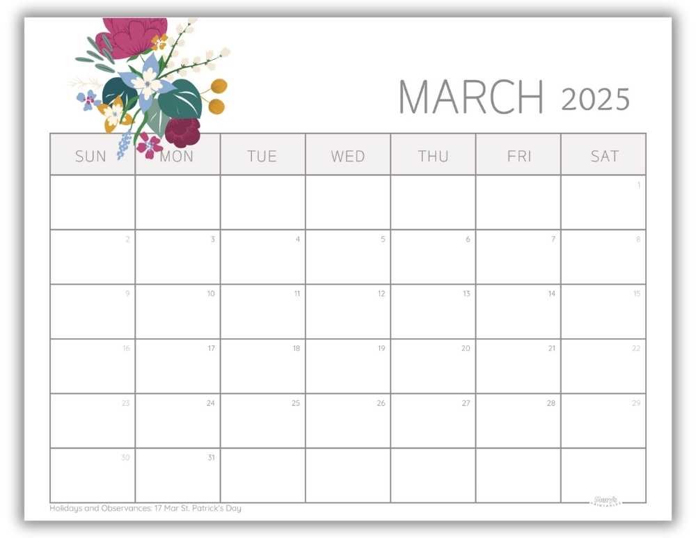 Printable Monthly Calendar March 2025 Watercolor Floral with US Holidays