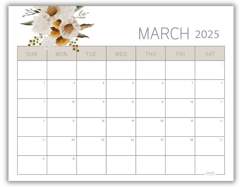 Printable Monthly Calendar March 2025 Lovely Floral Free Template