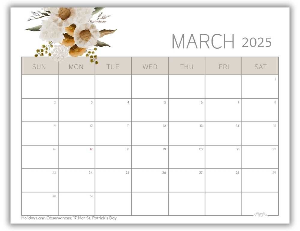 Printable Monthly Calendar March 2025 Lovely Floral with US Holidays
