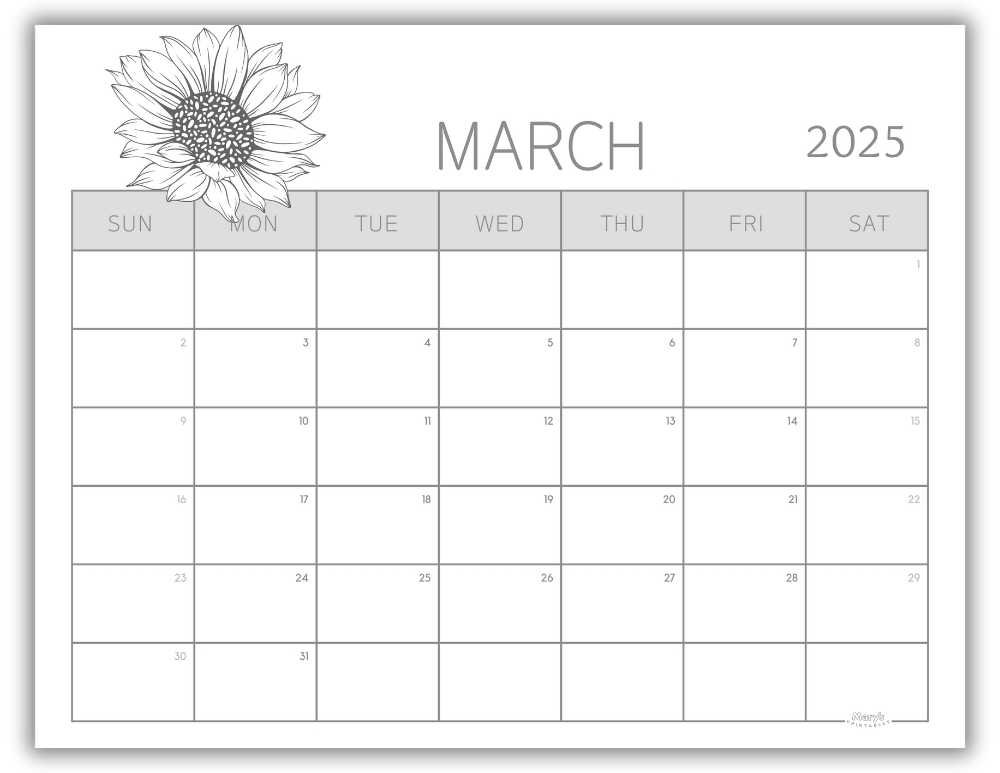 Printable Monthly Calendar March 2025 Black and White Floral Free Template