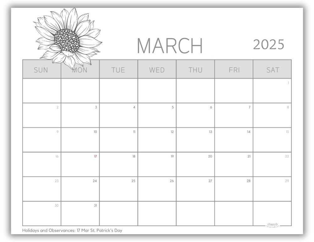 Printable Monthly Calendar March 2025 Black and White Floral with US Holidays